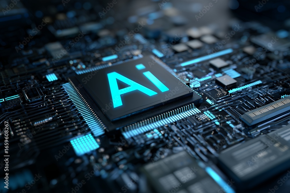 Aufkleber close-up shot of an integrated circuit with the glowing abbreviation 'ai' in blue. concept for machi