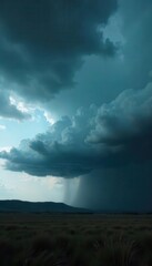 Dense, dark grey storm clouds gather ominously above a dark landscape , weather, dramatic