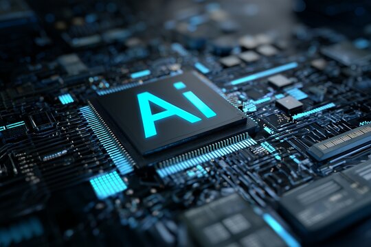 Close-up shot of an integrated circuit with the glowing abbreviation 'AI' in blue. Concept for machine learning, data processing and future technologies