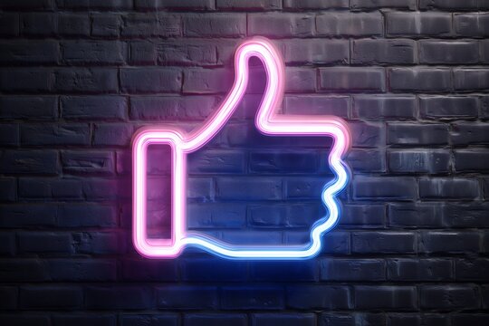 Glowing neon thumbs up symbol on dark brick wall texture background. Concept for social media engagement, positive feedback, and approval rating