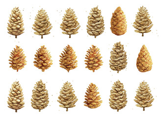 Set of golden pine cones. Watercolor pine cones in gold glitter. Gold glitter pine cones with sparkles. Christmas and New Year decor elements. Vector illustration.