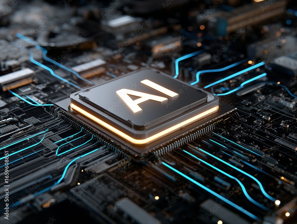 Poster close-up of a circuit board with an ai chip glowing, showcasing intricate details. concept for techn