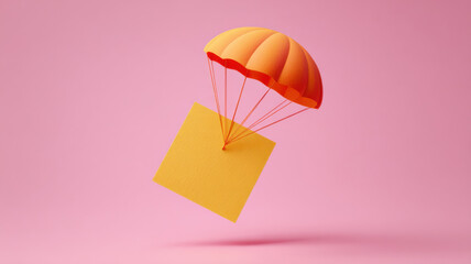 Sticky note floating like a parachute, ideas save conceptual risk metaphor