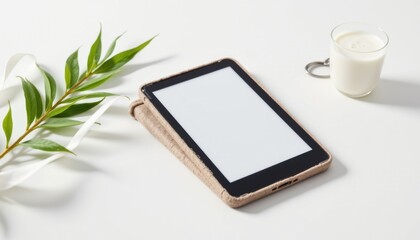 high quality isolated product visualization of a e reader jacket, created from sugarcane bagasse pulp, with stone like organic matte, sleek rectangular silhouette, and heat resistant bio layer