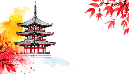Japanese pagoda and maple trees in autumn watercolor isolated on white background