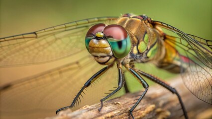 A vibrant macro close-up of a green dragonfly with intricate wings and large, detailed eyes resting on a leaf in the grass