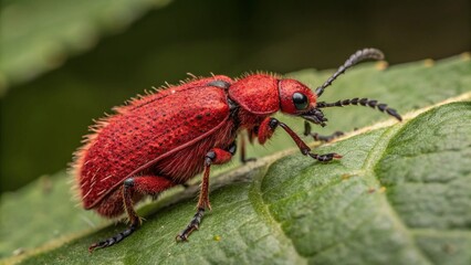 Naklejka premium A tiny red insect on a green leaf is captured in a macro close-up, highlighting its delicate antenna and a shiny black body