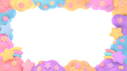 3D render cartoon stars and flowers frame on transparent background.