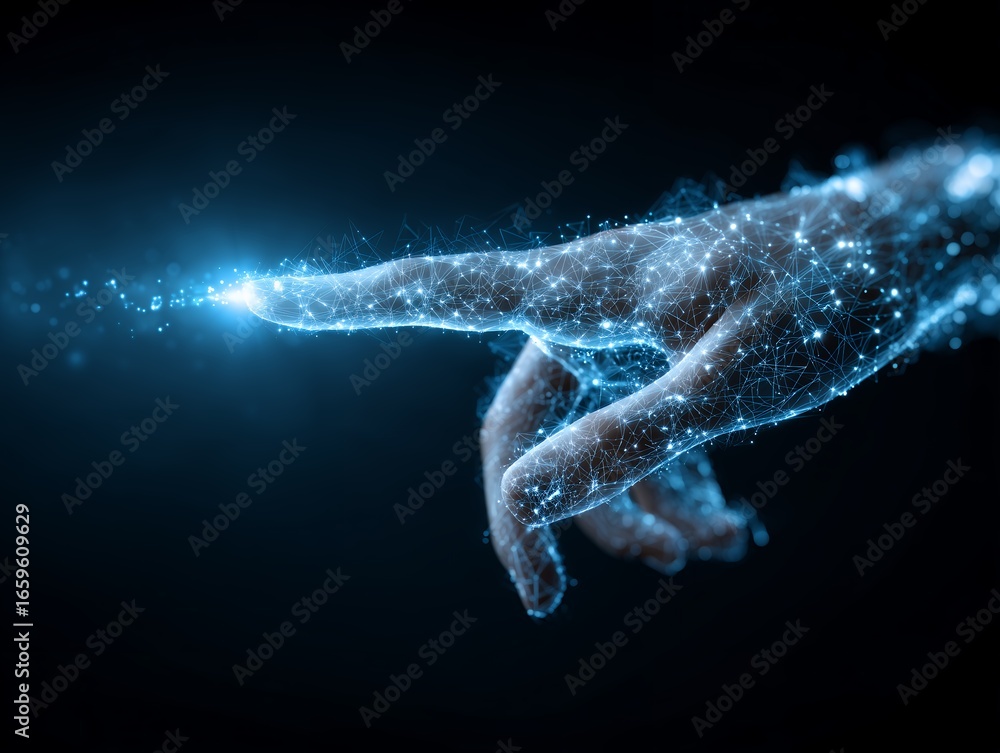 Aufkleber abstract hand with glowing fingertip made of connected dots and lines on dark background. concept fo