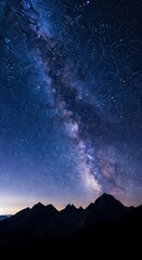 Naklejka premium Celestial symphony above jagged peaks: A serene portrayal of the Milky Way panorama