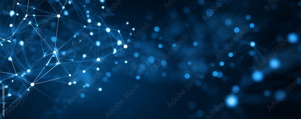 Aufkleber abstract blue digital network with glowing nodes and connecting lines, concept for artificial intell