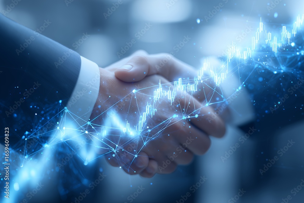 Poster close-up of a handshake overlaid with glowing stock market graph and network connection lines. conce