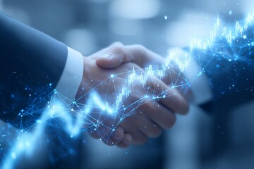 Close-up of a handshake overlaid with glowing stock market graph and network connection lines. Concept for financial partnerships, global investment solutions and economic growth visualization