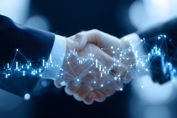 Close-up of business handshake with digital network overlay and abstract chart. Concept for financial partnership, technology advancement and global investment strategy