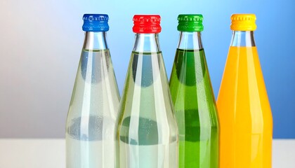 Four colorful soda bottles in a row