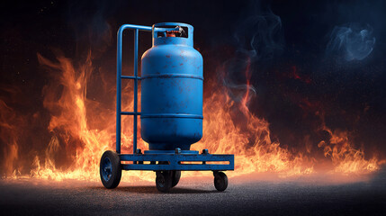 A blue gas cylinder tank on small cart for delivery, on explosive flame and fire background


