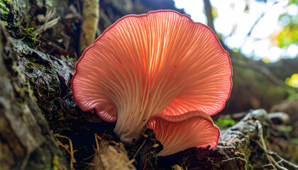 Luminous pink oyster mushroom on mossy tree root in forest sunlight