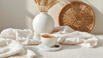 Aromatic tea cup with star anise on a white table with pampas grass in vase and wicker plate in background in a minimalist and elegant home decor