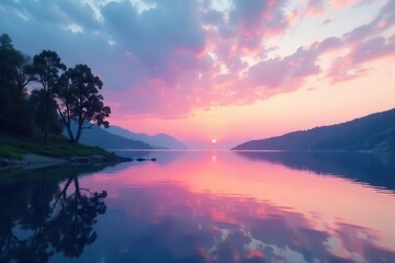 Soft pink and blue sunset reflected in calm lake, tranquil scene, backgrounds, landscape