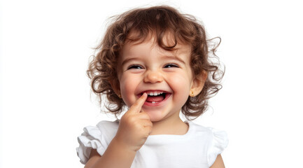 Happy toddler smiling with finger on mouth against white background