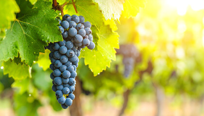 Lush grape vine with ripe fruits bathed in sunlight ready for harvest