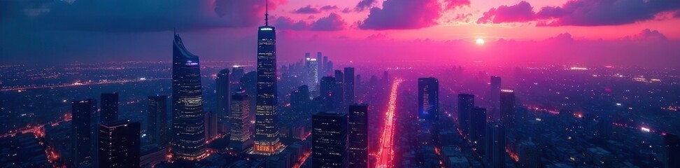 Fototapeta premium Towering skyscrapers, neon glow bleeds into the sky , metropolis, abstract