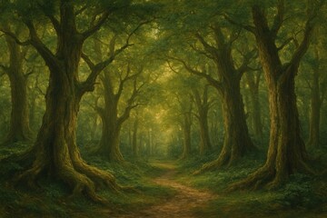 Enchanted forest with lush greenery.