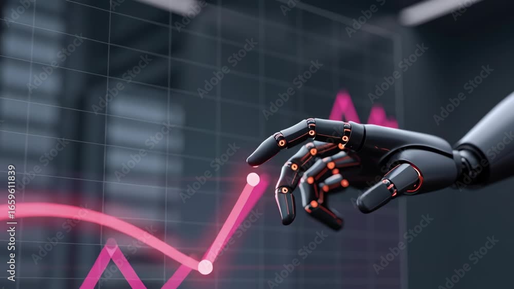 Poster ai business growth analyzing trends with robotic hand technology, innovation, and data upward graphs