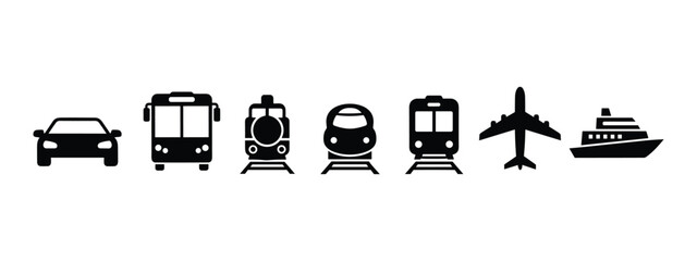 Transportation Icons Set Vehicle Symbols Including Car Bus Train Airplane and Ship Vector Illustration for Travel and Logistics