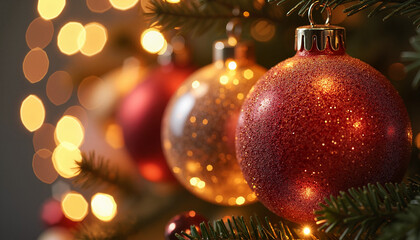 Colorful Christmas ornaments hanging on tree with soft bokeh lights  