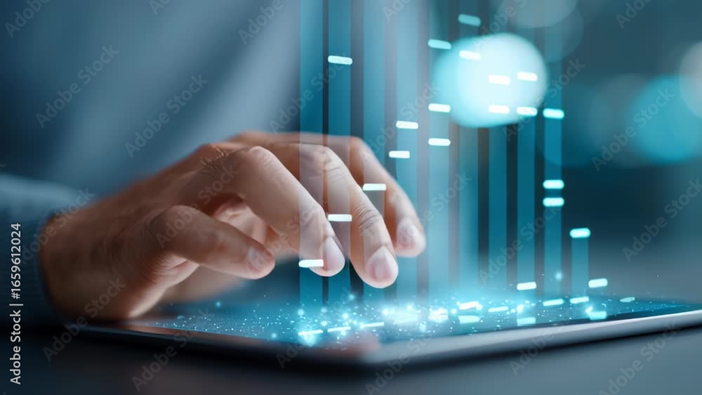 Poster ai business growth analyzing trends with digital data visualization on tablet and hand interacting w