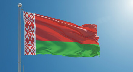 National Flag of Belarus Waving Proudly Against a Bright Blue Sky