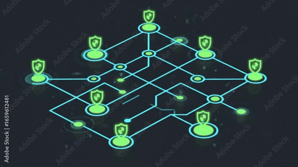 Poster a secure digital network illustrates interconnected nodes with glowing shield icons, representing ad
