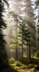 Obraz premium Cathedral of Pines - Divine Light Rays Filtering Through a Foggy Morning Forest.