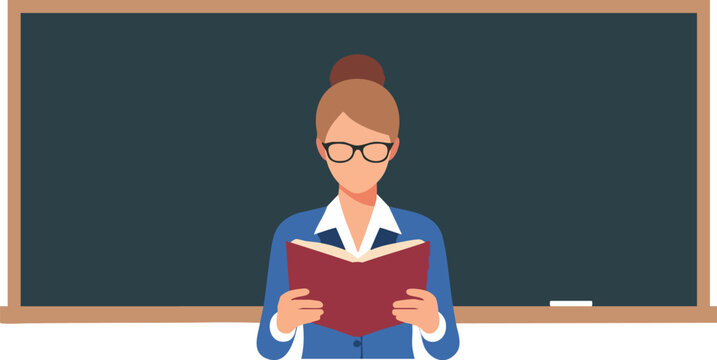 Professional teacher with glasses reads book in front of blackboard, conveying knowledge and education.