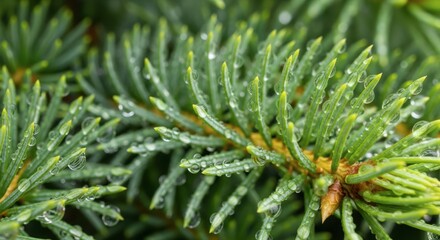 Crystalline Raindrops Glistening on a Fresh Green Spruce Bough After a Gentle Shower.