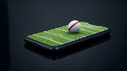 Rugby ball resting on smartphone display showing playing field: online betting and sports streaming concept