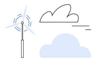 Wind turbine spinning beside minimalist line and shaded clouds. Ideal for renewable energy, sustainability, eco-friendly concepts, green technology, environment conservation, climate action, simple