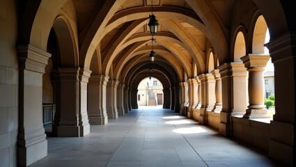 A long, light-filled colonnaded walkway stretches into the distance, showcasing elegant arches and pillars.