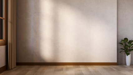 Empty loft cement wall aside window and houseplant in pot on wooden parquet floor in a dim lit room.
