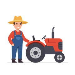 Obraz premium A friendly cartoon farmer stands proudly beside a small red farm tractor in a clean, flat design vector illustration, isolated on a pure white background.