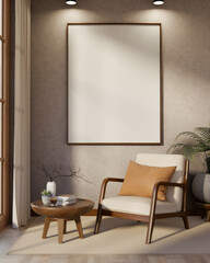 Wooden armchair with pillow cushion and side table at a room corner near window wall and blank frame