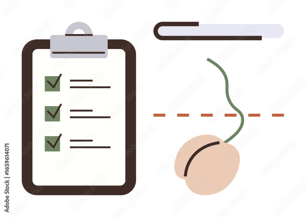 Poster clipboard with checkmarks, computer mouse, and progress bar representing task management, productivi