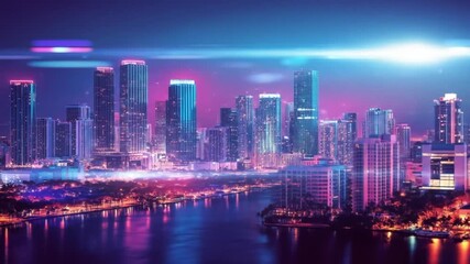 Futuristic urban landscape at twilight showcasing vivid neon reflections on the water - Powered by Adobe