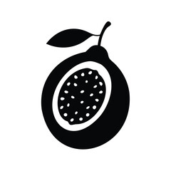 Monochrome icon of a cut open passion fruit with seeds and leaf, Fruit with seeds silhouette vector illustration
