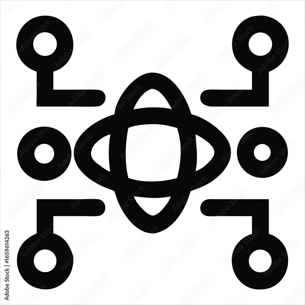 Poster abstract geometric symbol with interconnected circles and lines creating a symmetrical, modern, and 