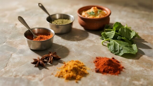 Assorted spices and herbs displayed on a stone surface, including powders in bowls and fresh leaves.