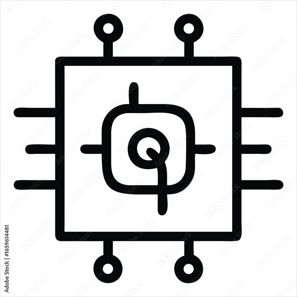 Poster stylized black and white line art icon of a microchip or central processing unit with radiating pins