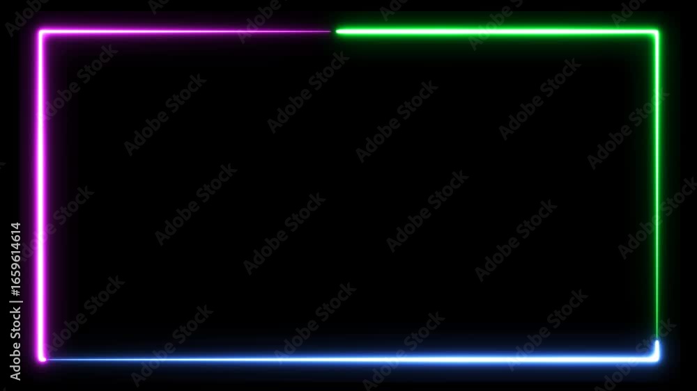 Aufkleber vibrant multicolored neon light rectangle frame glowing brightly on a solid black background for tex