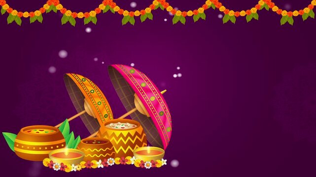 Happy Onam Festival Background with Traditional Umbrellas (Muthukuda) and Offerings